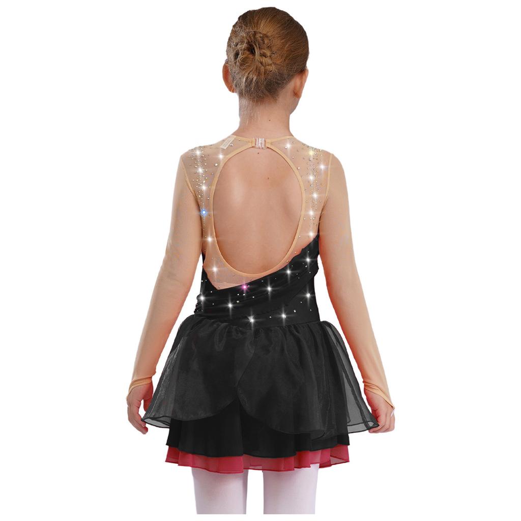 Платье для фигурного катания с блестками и стразами, с длинным рукавом, из прозрачной сетки, с вырезом на спине, лирический костюм для выступлений