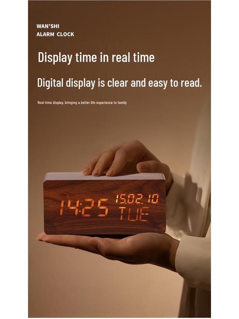 Rectangular Perpetual Wooden LED Clock with Voice Control and Wake-up Function