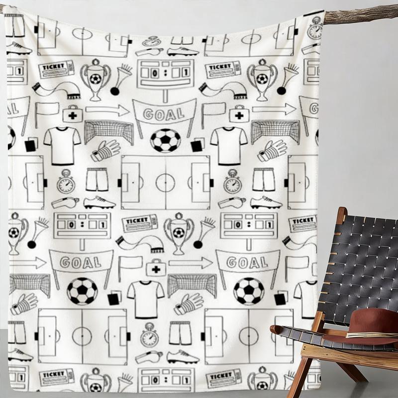 Soccer-Themed Coloring Hand-Drawn Style Fleece Printed Blanket, Stress-Relieving Healing Sports Element Blanket, Suitable for Bedroom, Living Room, An