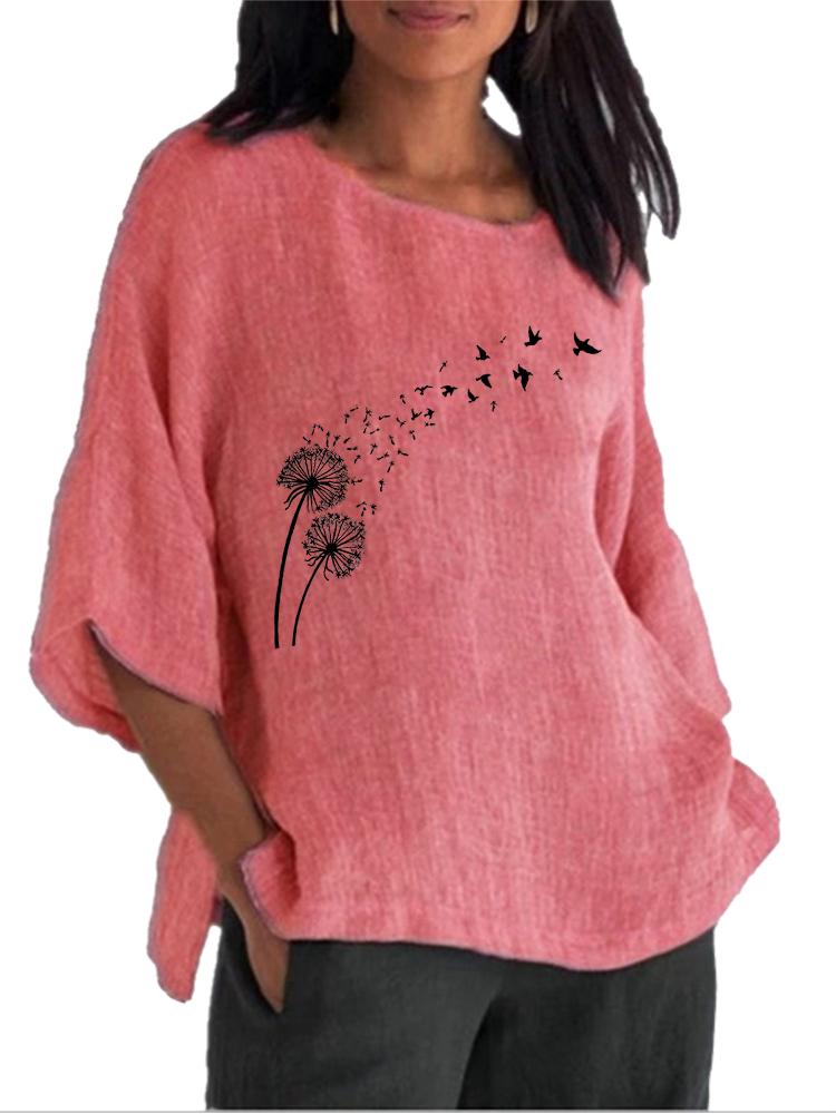 Women Fashion Cotton Linen Blouse Spring&summer Round Neck 3/4 Long Sleeve Shirt Ladies Pullover Loose Tops