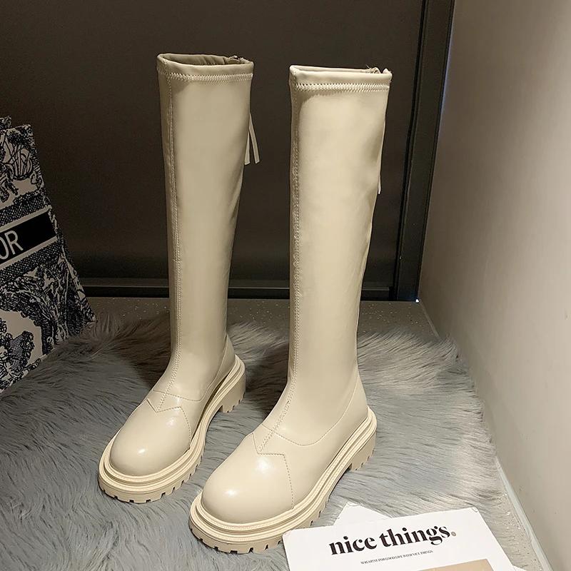 2024 Новые осенние женские высокие сапоги Модные женские мягкие кожаные туфли на плоской подошве Длинные сапоги с молниями сзади Женская обувь