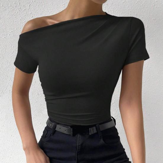 Женская летняя футболка с коротким рукавом, тонкая однотонная футболка с косым воротником, пуловер с боковыми сборками