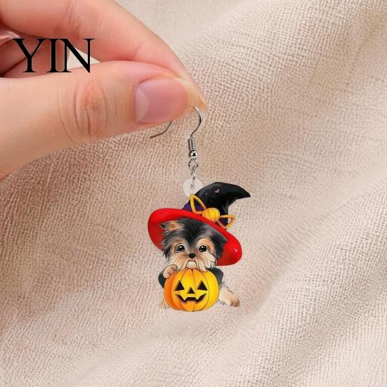 Polished Smooth Edge Jewelry Witch Hat Puppy Earrings, Cute Dog Pumpkin Drop Unique Halloween Pet Theme Accessories Lightweight Acrylic Jewelry,
