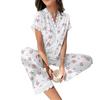 Women's Cherry Print Pajama Set Short Sleeve Button Front Top Long Pants Sleepwear Set Lace