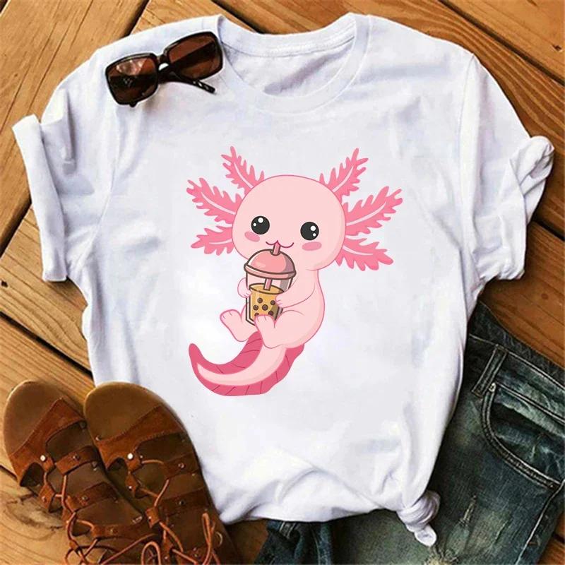 NEW Cute Axolotl Drinking Bubble Tea Printed Kids Tshirt Summer Pure Cotton Shortsleeved Casual Tops for Boys and Girls