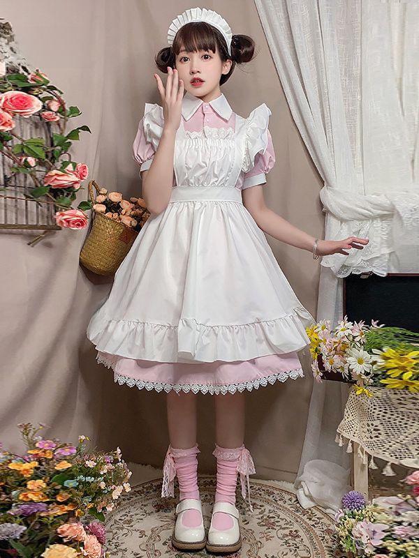 Костюм японской горничной Лолиты: Милое платье с короткими рукавами и юбкой, идеально подходит для косплея