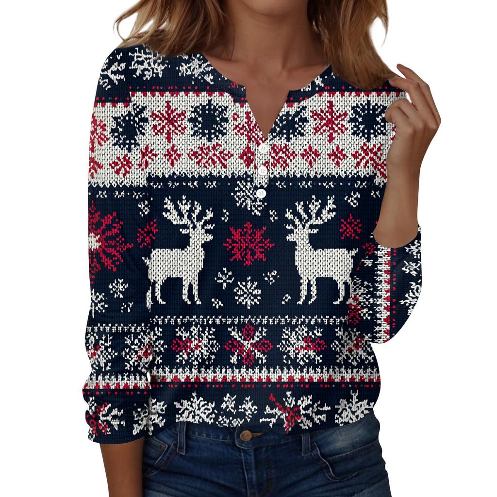 Женская мода Повседневная футболка с V-образным вырезом, длинными рукавами и декоративными пуговицами