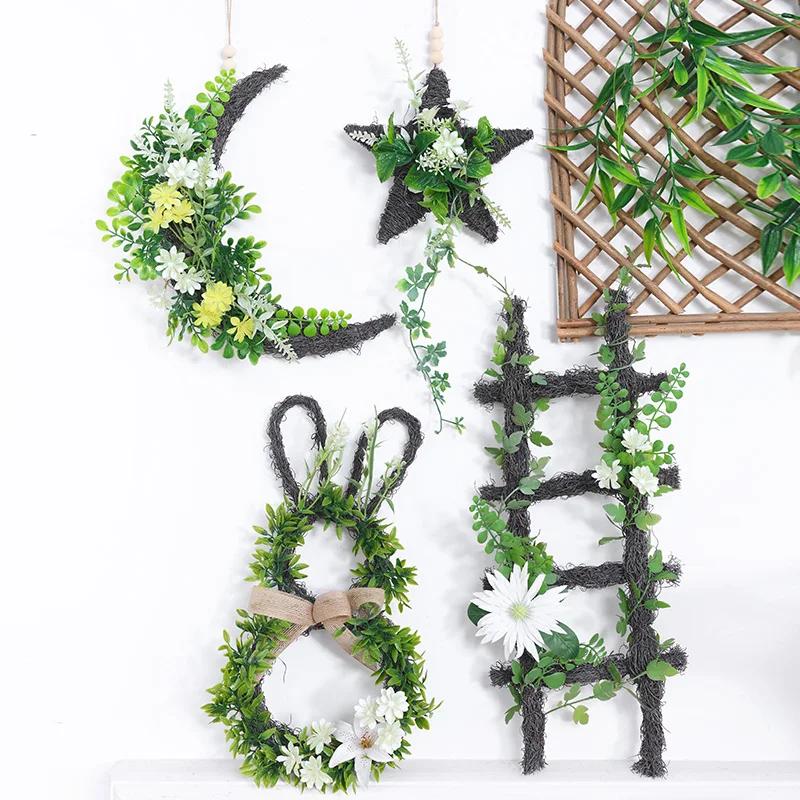 Trapezoid Artificial Plant Ornament with Rabbit Moon Pentagram Shape for Home Easter Ramadan Decoration