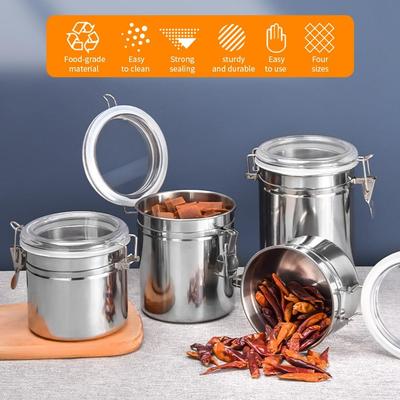Кухонный контейнер для хранения из нержавеющей стали, 3,7 x 6,5 дюйма, герметичный, с зажимом, прозрачная крышка, банка для муки, сахара, чая, кофейных зерен, конфет, на несколько месяцев