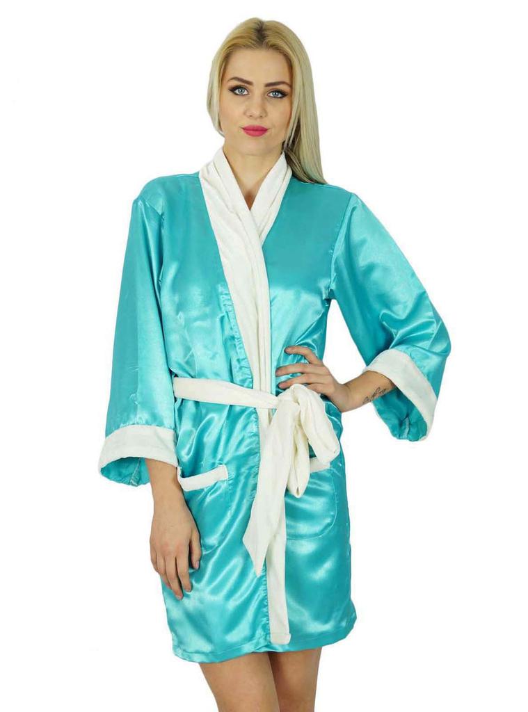 Bimba Women Short Satin Robe Velvet Belt Getting Ready Bridesmaid Robe
