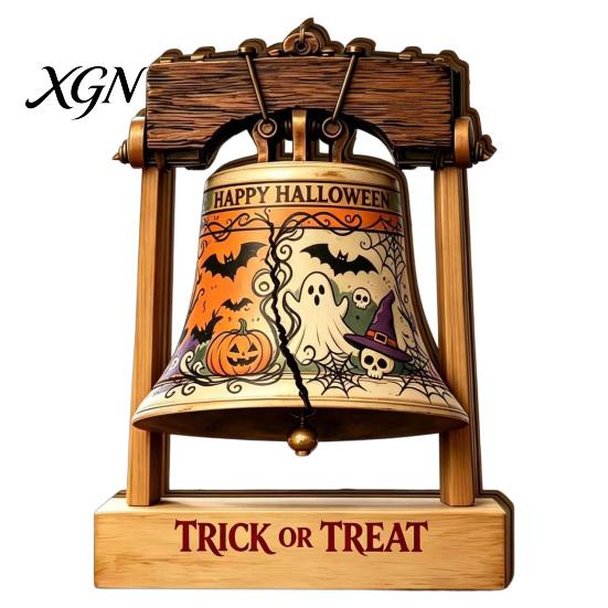 Halloween Theme Gifts Vintage Wooden Bell Decor, Rustic Farmhouse Shelf Sitter with Showcase Ornaments Metal Wood Stand, Tabletop Centerpiece