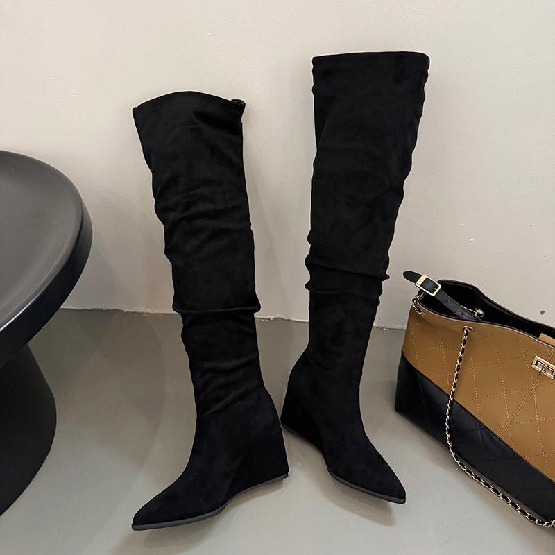 Женские ботильоны на танкетке Высокие каблуки Модные туфли с острым носком Роскошные туфли-лодочки Высокие сапоги Новые элегантные платья Челси Женские ботинки