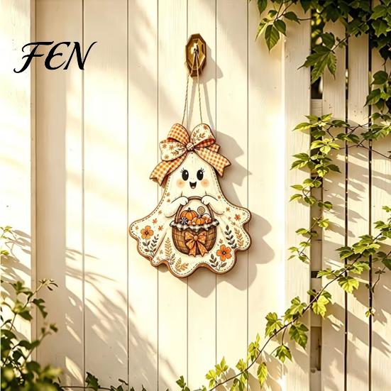 Vintage Style Halloween Sign Cute Bow Ghost Hanging Sign, Rustic Retro Floral Door with Pumpkin Party Background Decor Basket, Wooden Pendant
