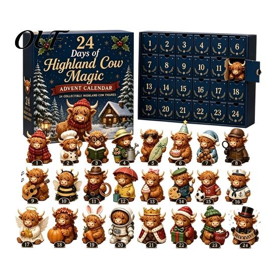 Holiday Countdown Decorations 24 Days of 3D Highland Cow Christmas Advent Calendar, Cute Farm Gift for Boys Girls Cattle Calendar with Mini Figurines