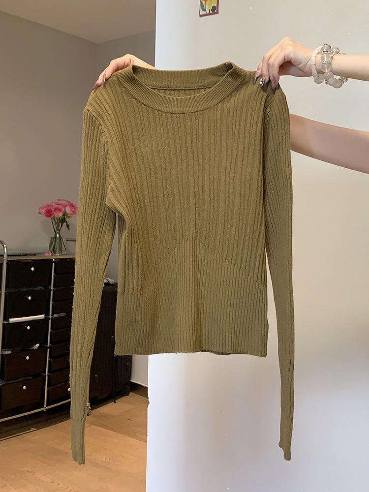 Pit strip crew neck sweater women's spring new thickened slim fit with knitted bottoming shirt short top
