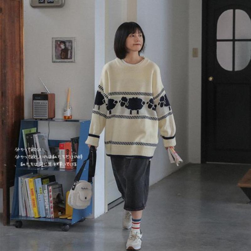 Утепленные вязаные свитера с овечьим принтом, женские повседневные шикарные кавайные пуловеры с круглым вырезом большого размера, зимние теплые пуловеры