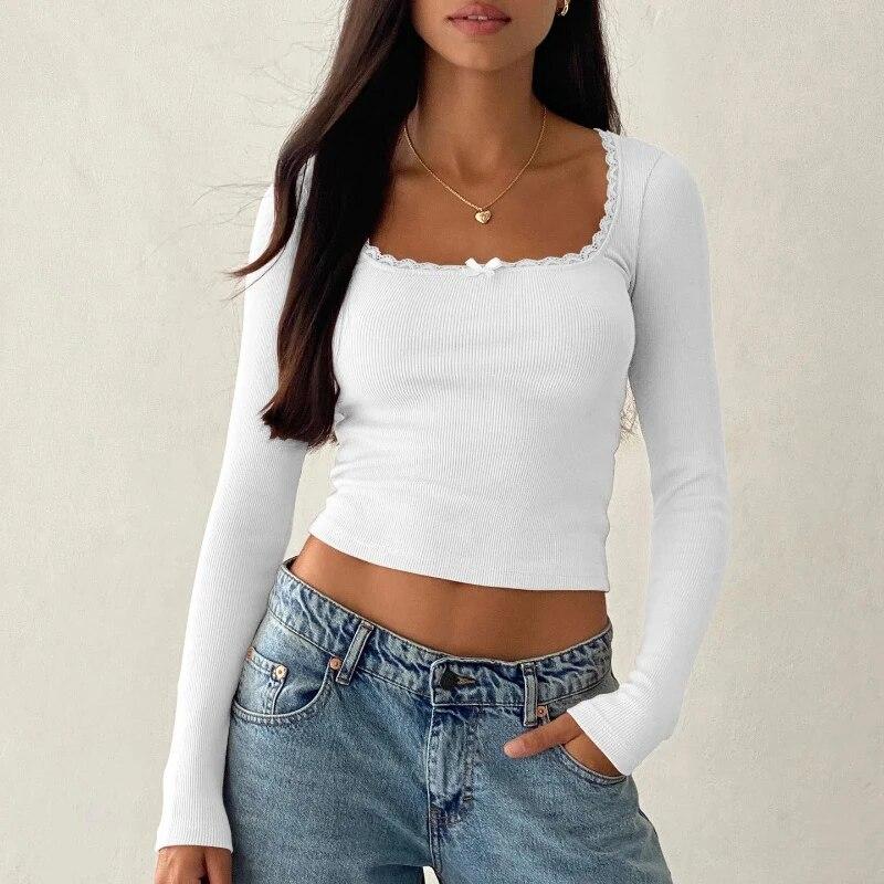 New Women Sexy Knitted T-shirt Casual Lace Square Collar Bottoming Long Sleeve Tshirt Woman Slim Fit Soild Lady Tees Tops 30600