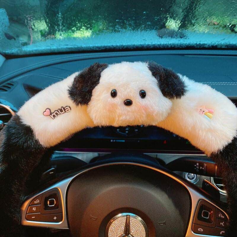 Winter Cute Pacha Dog Car Steering Wheel Cover Warm Plush Men and Women Cartoon Internet Celebrity Non-Slip Car Handle Cover Goddess