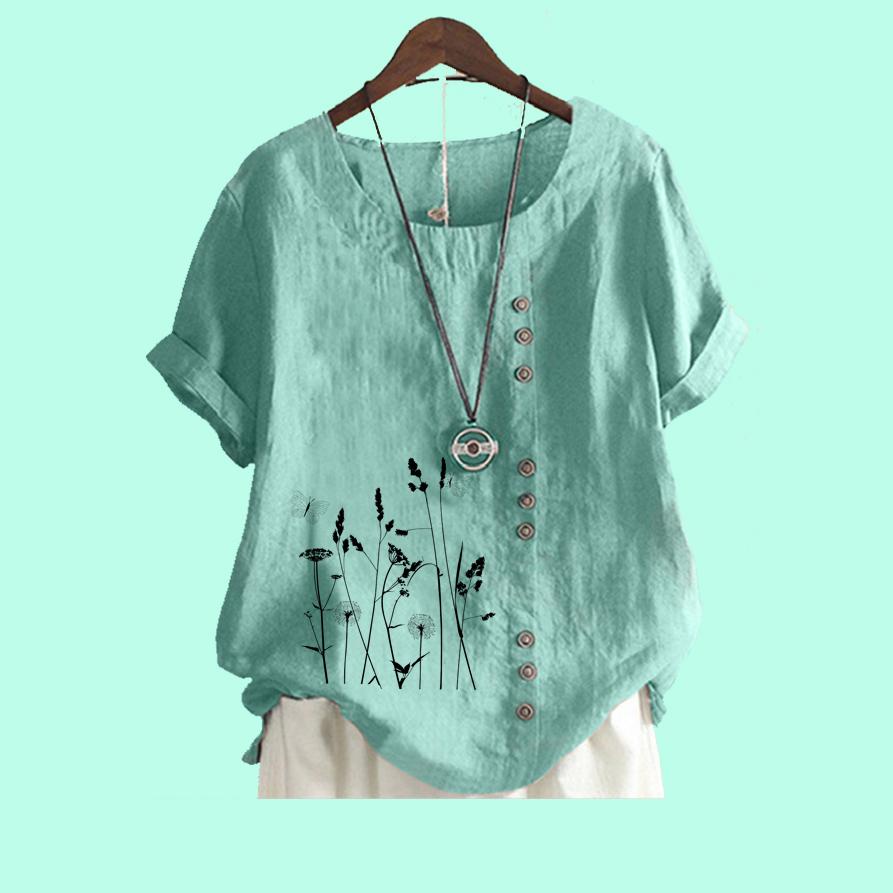Women Casual Floral Print Loose Blouse Laides Cotton Linen Top Fashion Short Sleeve T-shirt