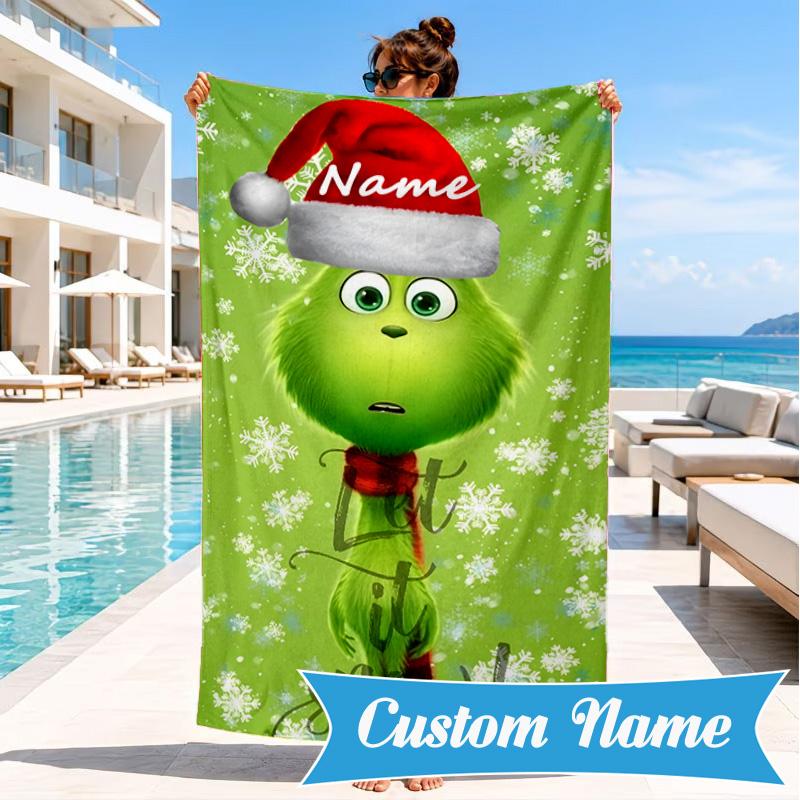 Custom Name Christmas Gri-nch Beach Towel, Soft Quick-Dry Beach Towel, Ideal for Pool, Camping, Perfect Travel Essential Gift