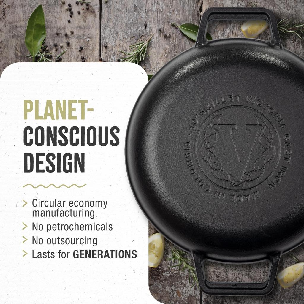 Сковорода-гриль из чугуна Victoria, круглая, с двойной ручкой, с льняным маслом и приправами