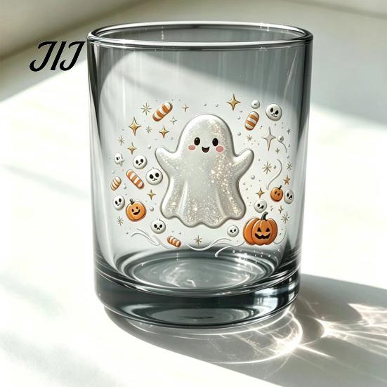 Cute Ghost Drinking Glasses Halloween Glass Cup, Colorful Gradient Aesthetic Tumbler with Whiskey Juice Soda Pumpkin Skull Print, Spooky Party