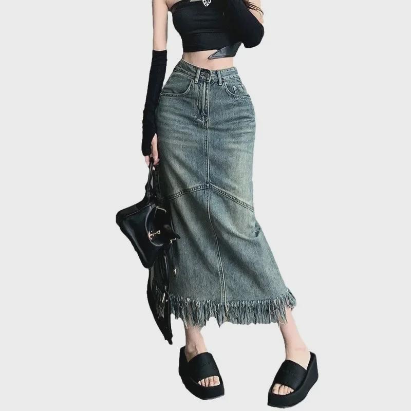 Летняя винтажная джинсовая миди-юбка А-силуэта с завышенной талией и необработанным краем