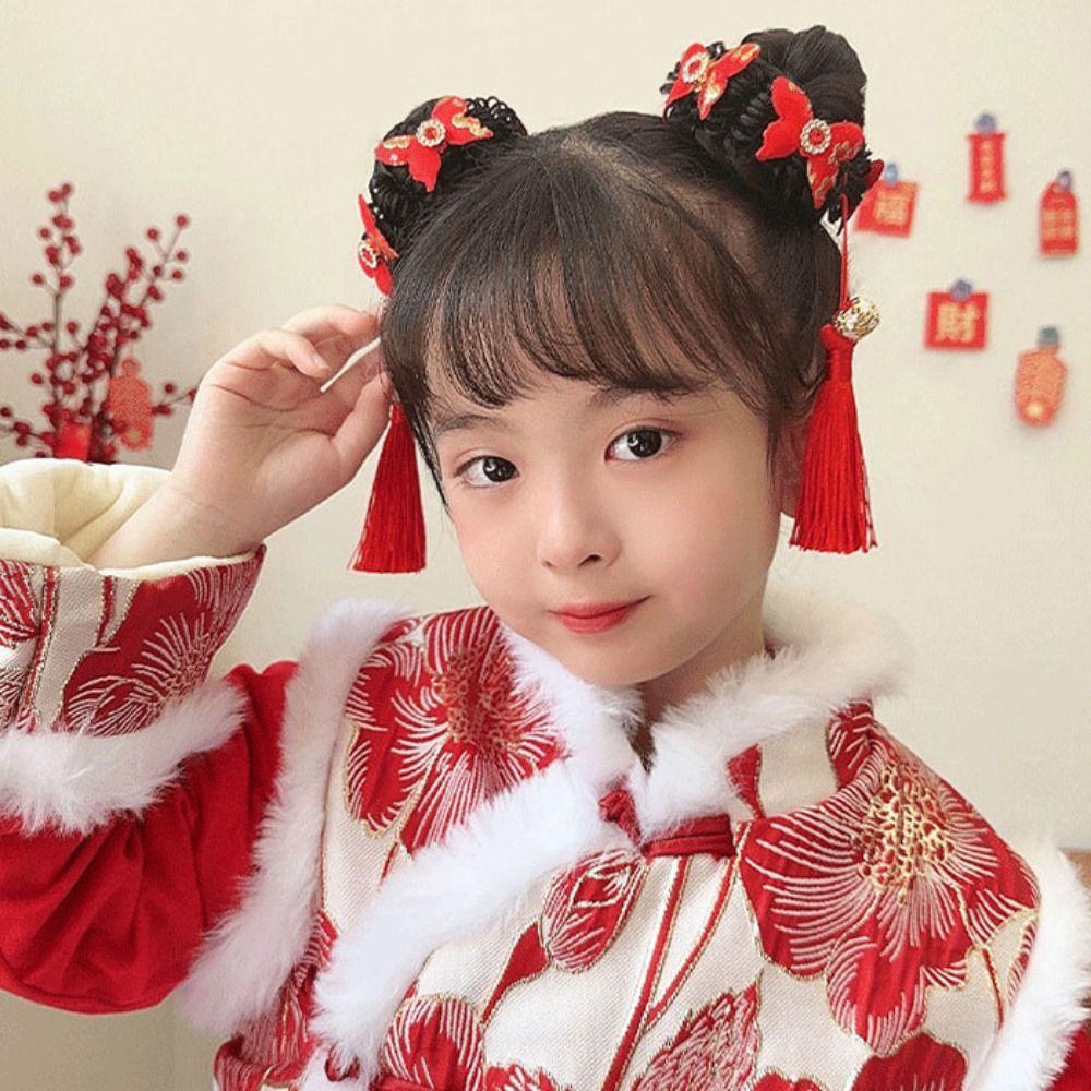 Tassel Bow Wig Braid Hair Rope Flower Ancient Style Scrunchines Chinese New Year Headwear Children