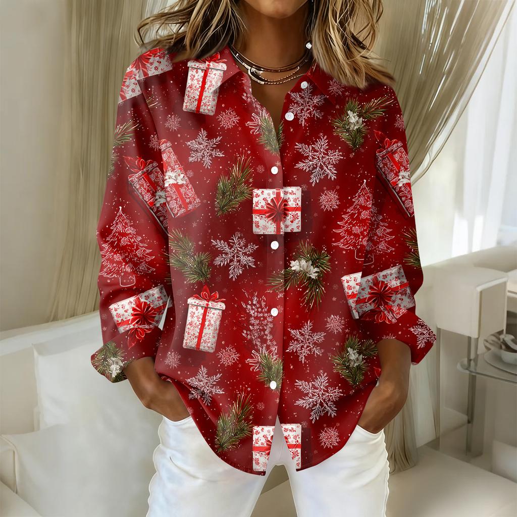 Women's Christmas Printed Button Up Long Sleeved Casual Regular Shirt With Collar Top