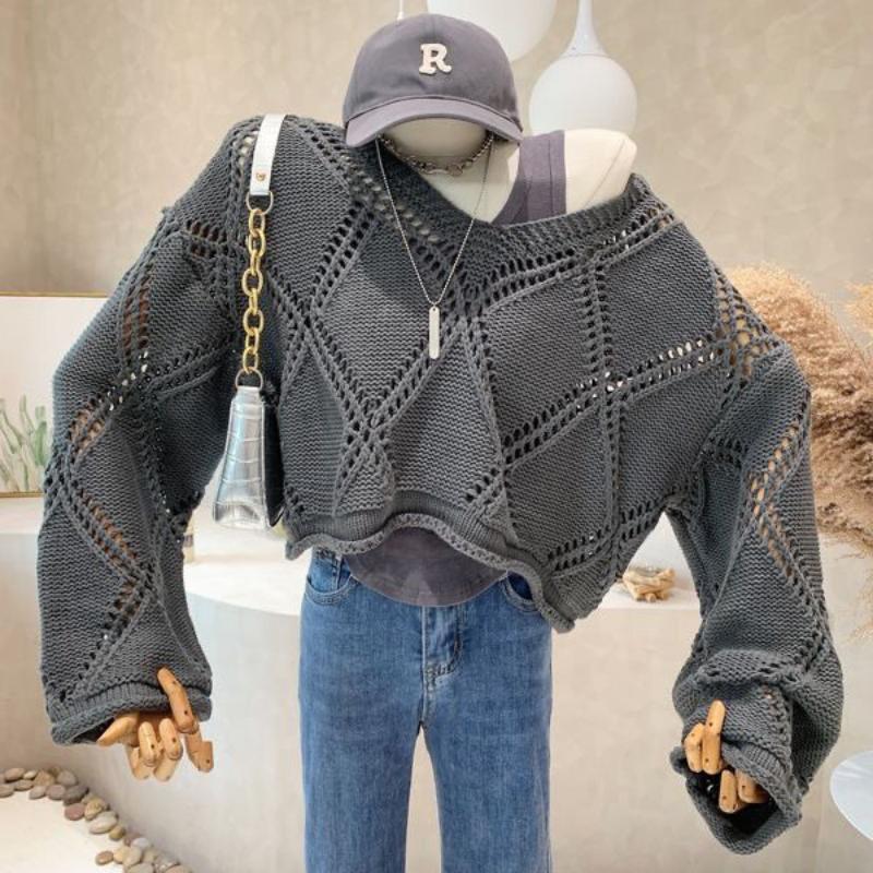 Pullover Sweater Female Early Autumn Diamond Hollow Knitwear Thin Design O Neck Long Sleeve Solid Casual Sweater Top