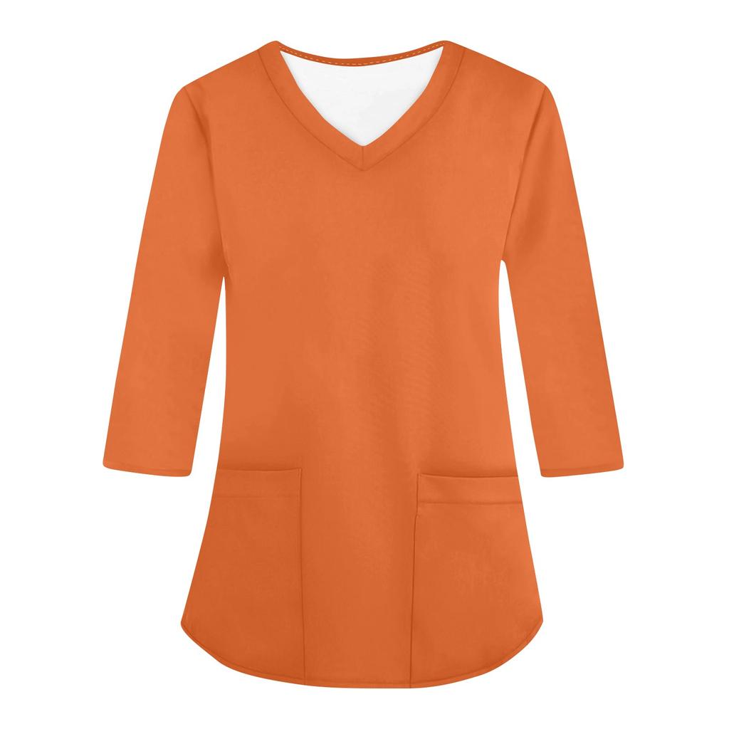 Fashionable V-neck Women's Short Sleeved Three-quarter Sleeved Work Clothes, Pocket Printed Loose Top