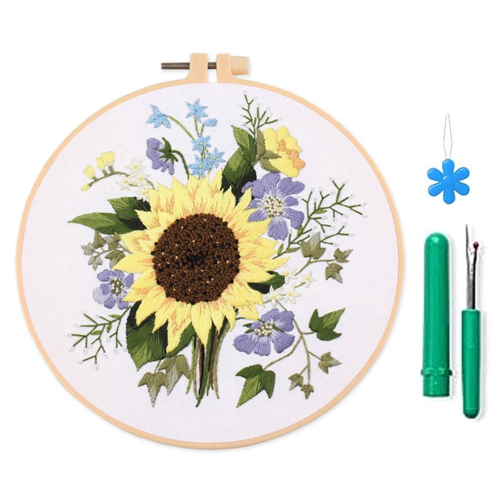 Embroidery Starter Kits with Pattern and Instructions Cross Stitches Set Flower Plant Stamped Embroidery Hoop Needlework