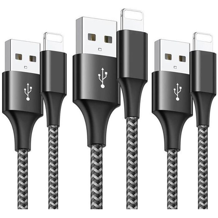 Lot 3 Cable Rapide 3A 1M - PROSHOP - Pour iPhone 13/12/11/Pro/X/XR/XS/MAX/8/7/6 - Nylon Noir