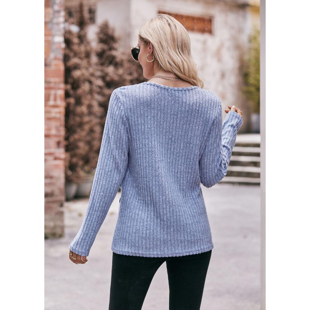 Autumn and Winter Women's Blouse Round Neck Pit Stripes Abrasion Solid Color Long Sleeve Tops