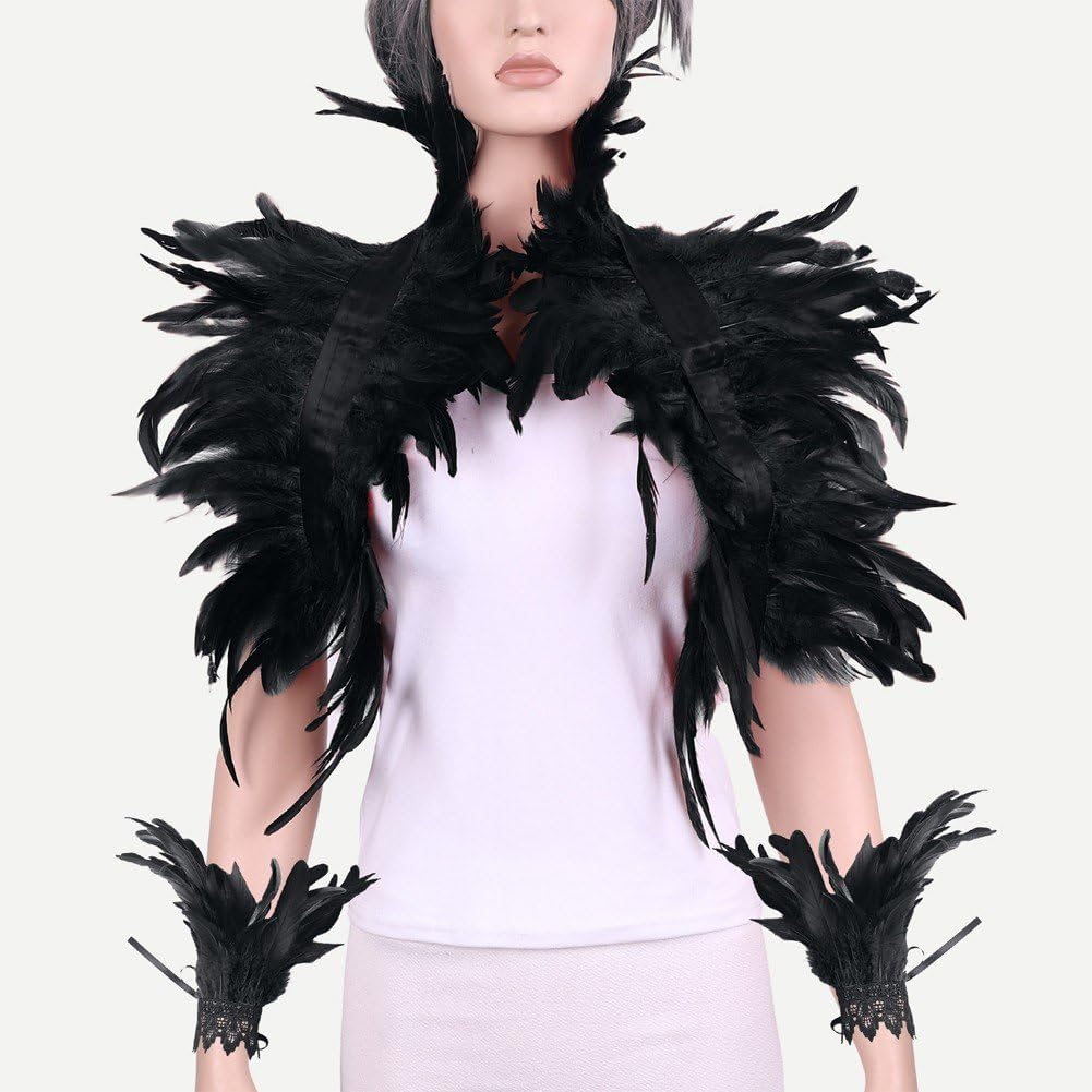 Feather Cape with Wrist Feathers Pair, Gothic Style Feather Shawl for Carnival Costume, Women Masquerade Outfit Accessory 80x36cm