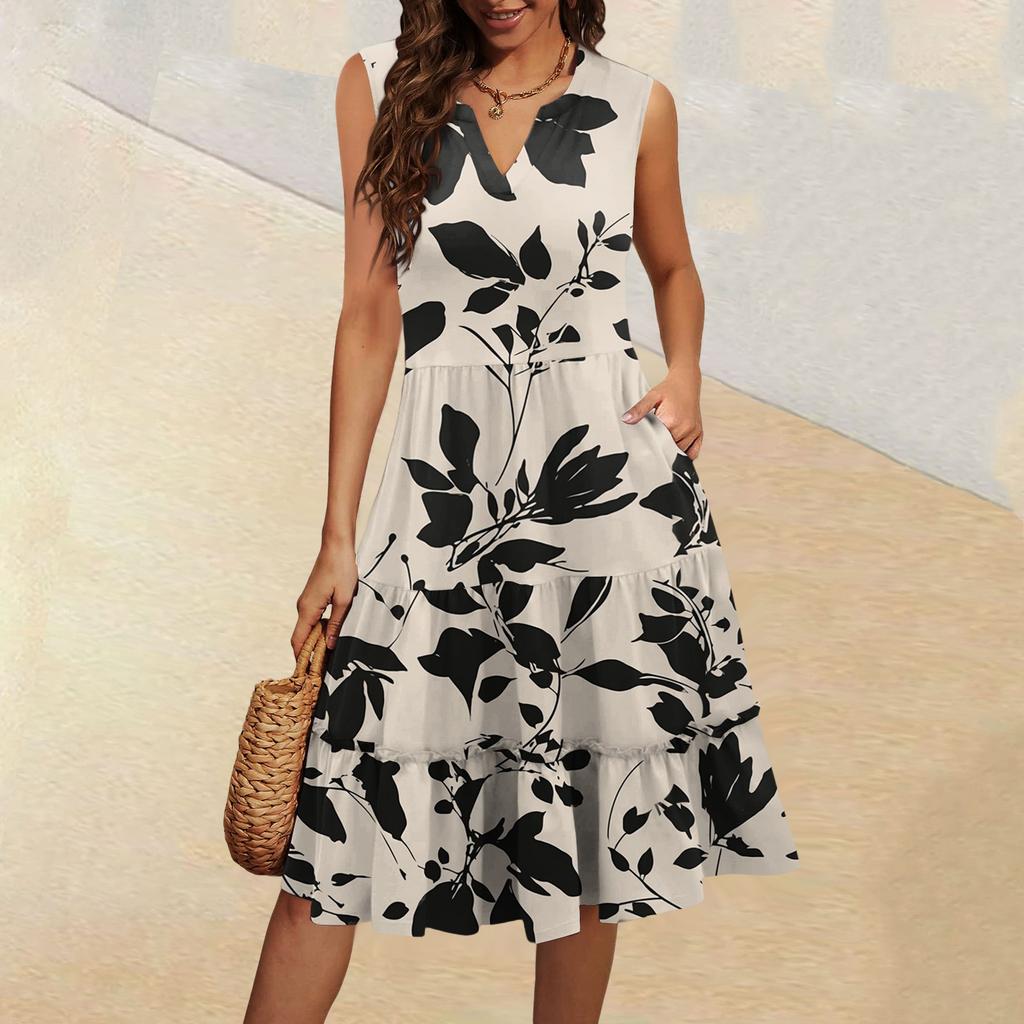 Женские летние повседневные платья без рукавов с V-образным вырезом и плиссированными оборками в винтажном стиле с цветочным принтом