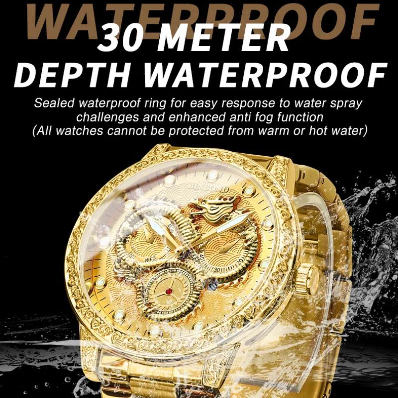 Мужские кварцевые часы Three Flame Dragon с рельефным золотым драконом, водонепроницаемые, светящиеся, с календарем, подарок на фестиваль