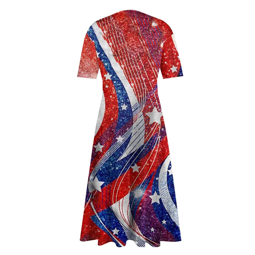 Ladies Casual Fashion Print V-Neck Short Sleeve Waist Long Swing Dress