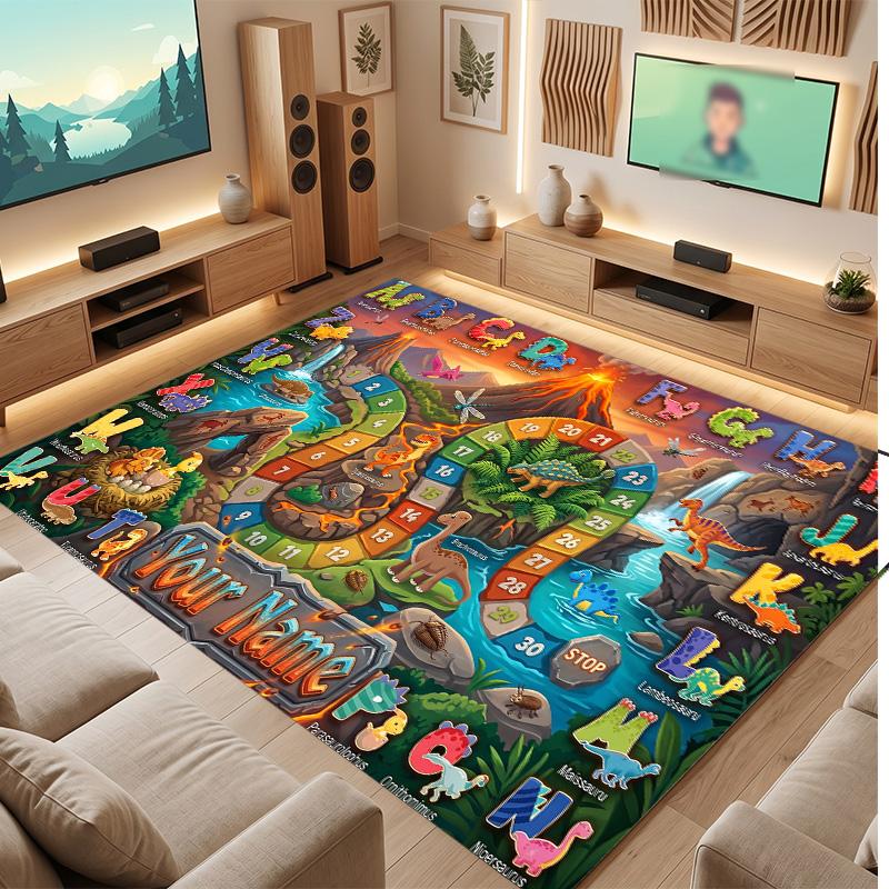 Dinosaur Theme Soft Crystal Velvet Rug Custom Name & Text Print Non Slip Floor Rug for Bedroom Living Room