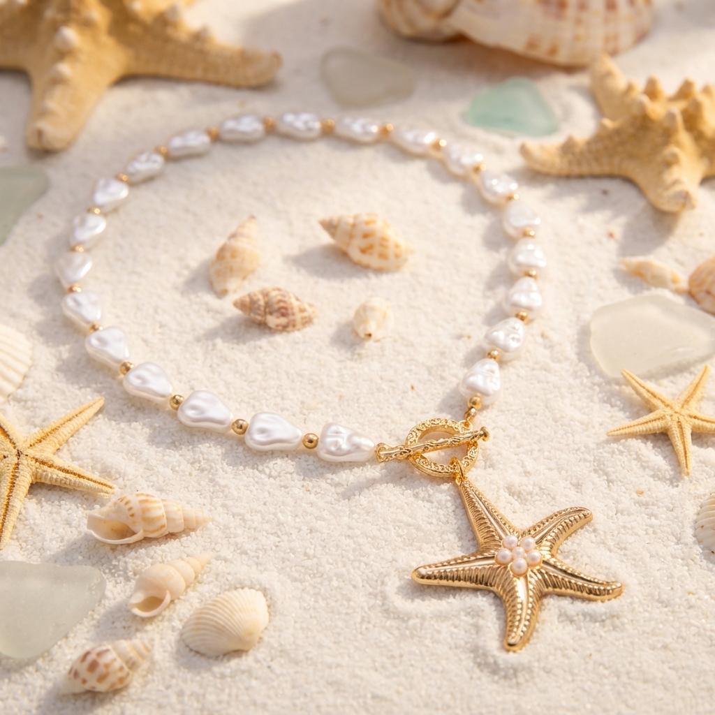 Retro Starfish White Shell Pendant Necklace for Women Bohemian Imitation Pearl Chain OT Buckle Necklace Summer Beach Jewelry