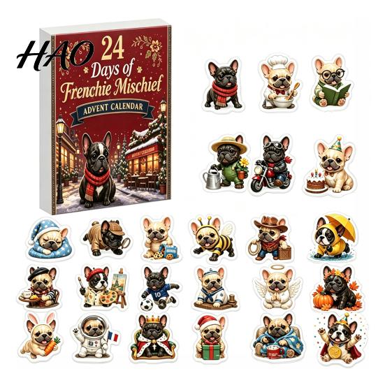 Creative Countdown Ritual Sets 2D Acrylic French Bulldog Christmas Advent Calendar, Surprising Box Ornament Colorful Printed Charms Set, Cute