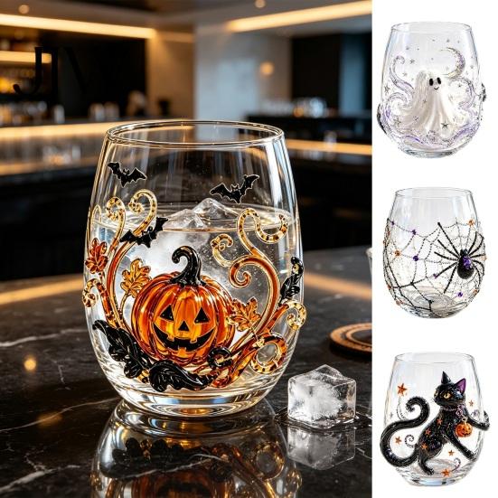Ghost Whiskey Glass Halloween Glass, Black Cat Spider Net Skull Tumbler for Durable Coffee Mug Cocktail, 350ml Spooky Drinkware Home Bar, Festive