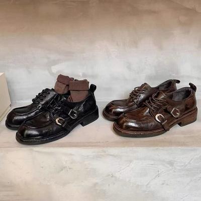 Версия из коровьей кожи~ виноградный ма с той же высотой подъема 5 см вымытая лошадиная кожа лоферы в британском стиле головка обуви двойной ремень с пряжкой маленькая кожа