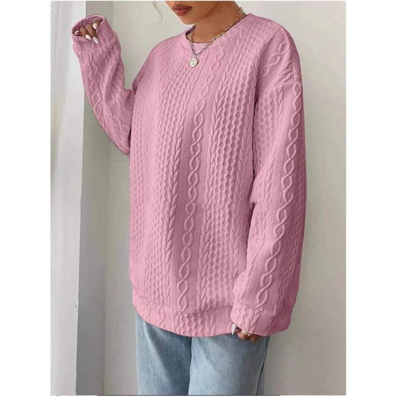 Women's Spring and Autumn Casual Comfortable Round Neck Jacquard Sweatshirt Long Sleeve Solid Color Pullover Top