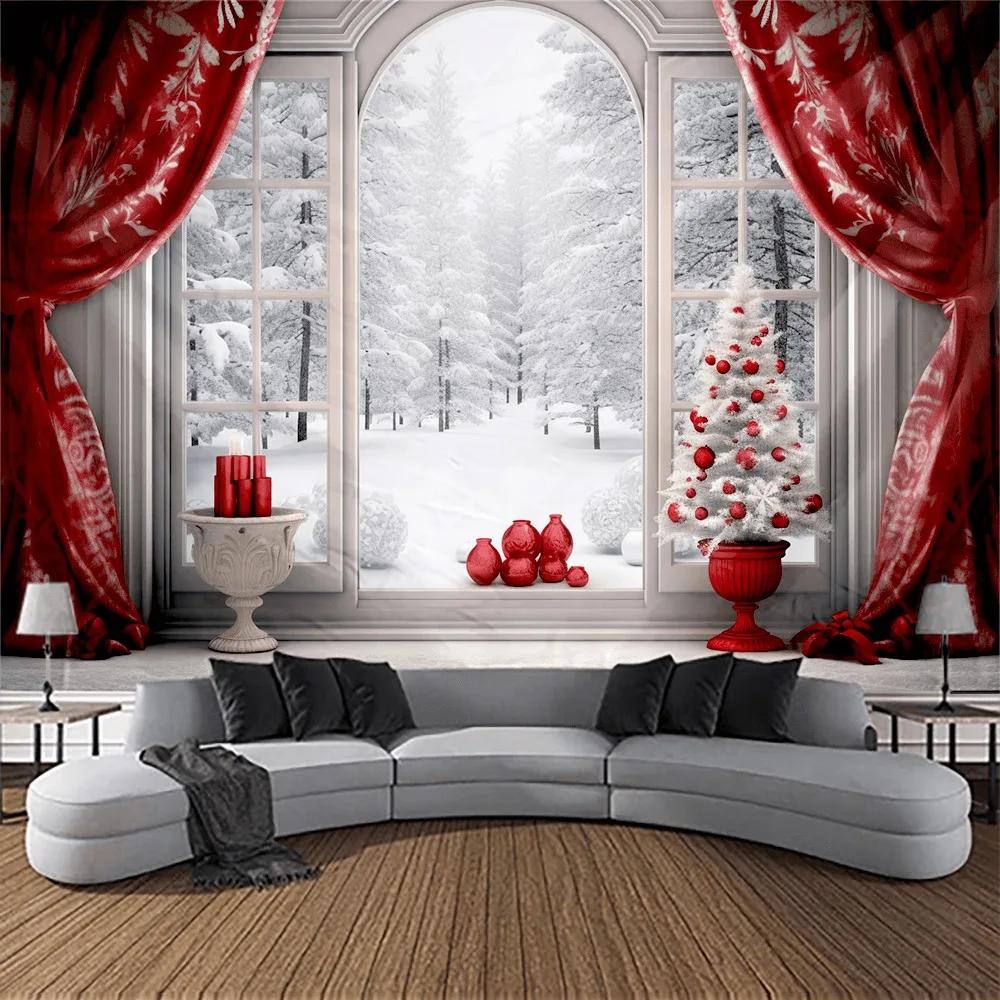 Christmas Day Party Decoration Background Cloth Outside the Window Christmas Tree Snow Scene Tapestry Suitable for Home Outdoor