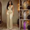 Женский Атласный Комбинезон Без Рукавов с Воротником-Хомутом, Широкими Штанинами, Длинный, Элегантный, С Высокой Талией, Для Клуба, Вечеринки, Цельный Комплект