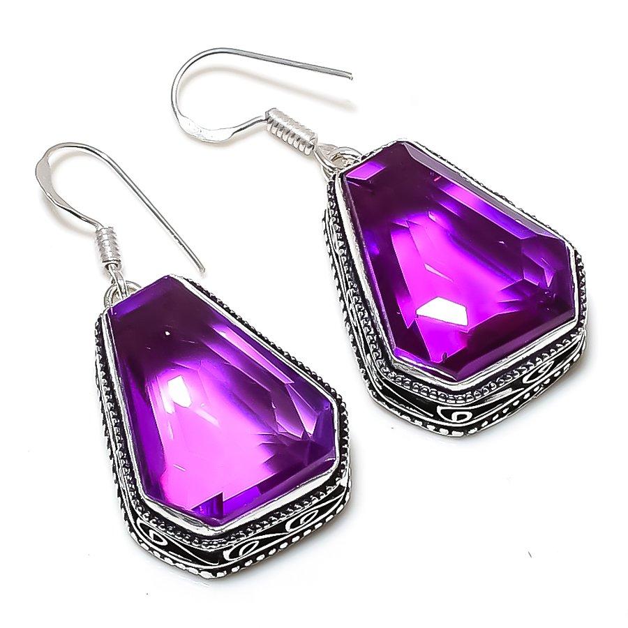 Розовый Аметист Драгоценный Камень Ручной Работы Ювелирное Изделие Серьга из Стерлингового Серебра 925 пробы 1,77" K3N41