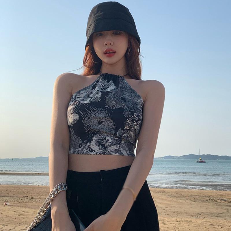 Women Retro Print Halte Bandage Slim Exposure Navel Camisole Tank Tops