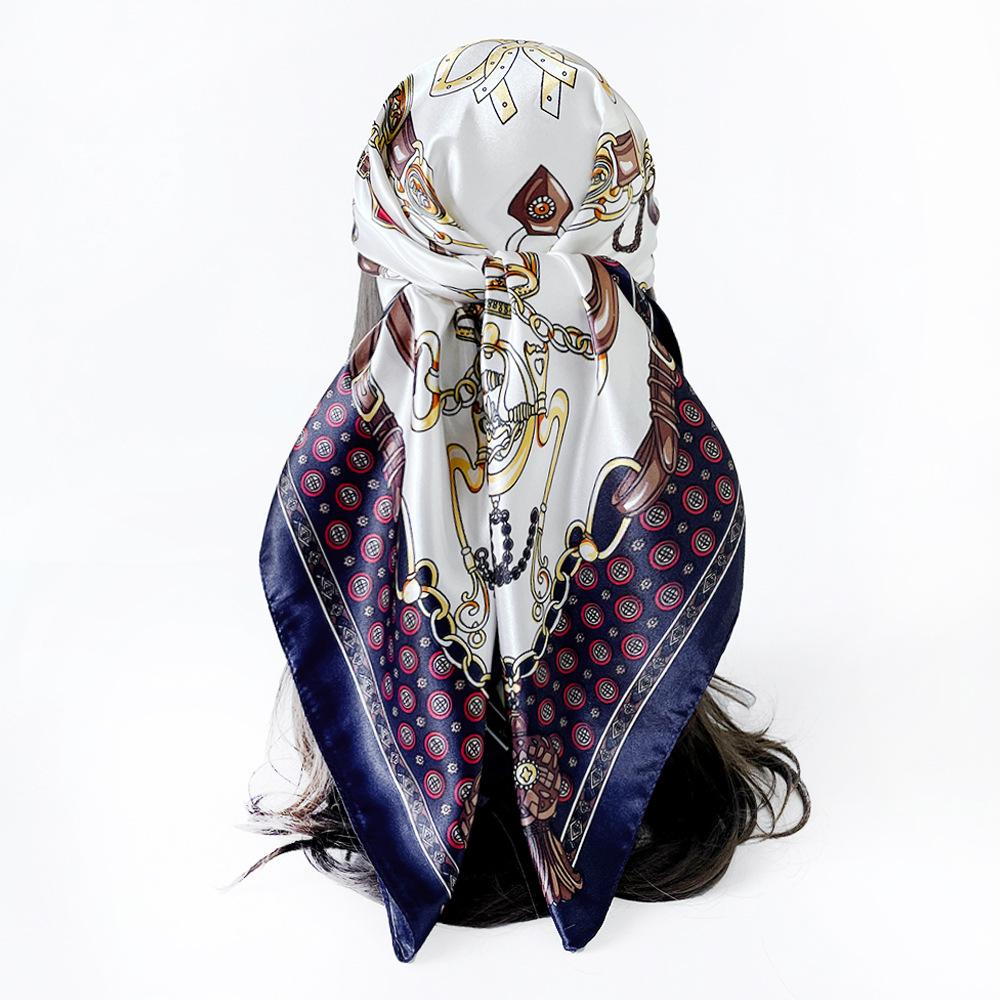 Women's satin artificial silk square scarf shawl classic chain printing silk scarf 90cm headscarf