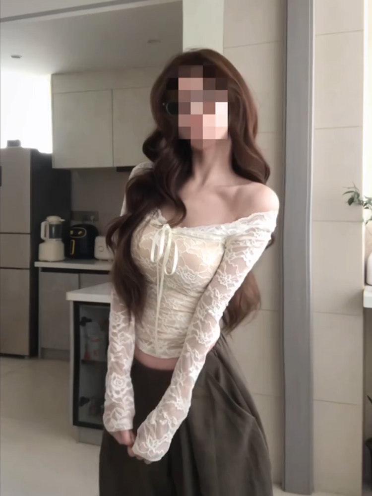 Белая кружевная футболка с V-образным вырезом и длинными рукавами Spicy Girl с дизайном, подчеркивающим талию, для женщин